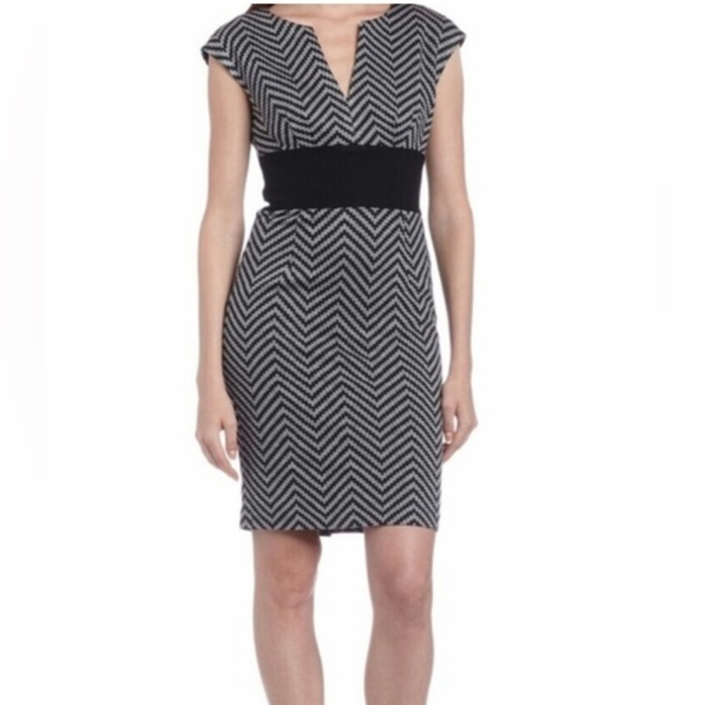 Trina Turk Black and Gray Wool Blend Sheath Lined Chevron Midi Dress